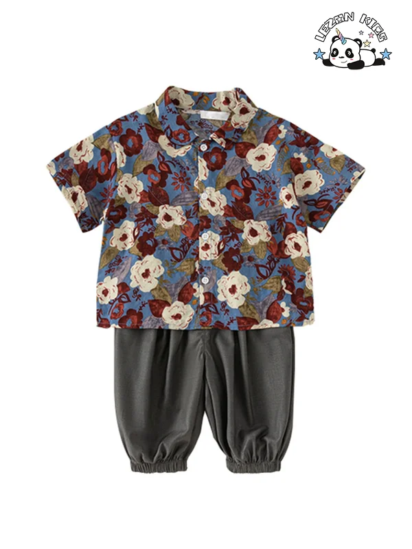 LEZONKIDS - Conjunto de duas peças de camisa floral curta mais popular personalizada, calças largas, terno de verão para crianças